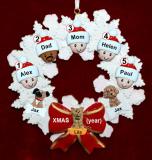 Mixed Race Family Christmas Ornament for 5 Celebration Wreath Red Bow 3 Dogs, Cats, Pets Custom Add-ons Personalized FREE at PersonalizedOrnamentsMarket.com by Russell Rhodes