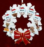 Mixed Race Family Christmas Ornament for 5 Celebration Wreath Red Bow 4 Dogs, Cats, Pets Custom Add-ons Personalized FREE at PersonalizedOrnamentsMarket.com by Russell Rhodes