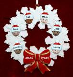 Mixed Race Family of 6 Christmas Ornament Celebration Wreath Red Bow Personalized FREE at PersonalizedOrnamentsMarket.com by Russell Rhodes