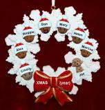 African American Grandparents Christmas Ornament Celebration Wreath Red Bow 7 Grandkids with 1 Dog, Cat, Pets Custom Add-Ons Personalized FREE at PersonalizedOrnamentsMarket.com by Russell Rhodes