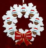 African American Black Family of 7 Christmas Ornament Celebration Wreath Red Bow Personalized FREE at PersonalizedOrnamentsMarket.com by Russell Rhodes