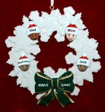 Mixed Race Family of 4 Christmas Ornament Celebration Wreath Green Bow Personalized by RussellRhodes.com