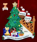 Our First Family Christmas Tree Mixed Race BiRacial Christmas Ornament with 3 Dogs, Cats, Pets Custom Add-ons Personalized FREE at PersonalizedOrnamentsMarket.com by Russell Rhodes