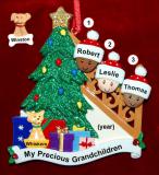 Our Xmas Tree Grandparents Christmas Ornament 3 Grandkids Mixed Race BiRacial with 1 Dog, Cat, Pets Custom Add-on Personalized FREE at PersonalizedOrnamentsMarket.com by Russell Rhodes