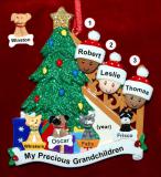 Our Xmas Tree Grandparents Christmas Ornament 3 Grandkids Mixed Race BiRacial with 4 Dogs, Cats, Pets Custom Add-ons Personalized FREE at PersonalizedOrnamentsMarket.com by Russell Rhodes