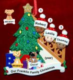 Our Xmas Tree Mixed Race BiRacial Christmas Ornament for Families of 3 with 2 Dogs, Cats, Pets Custom Add-ons Personalized FREE at PersonalizedOrnamentsMarket.com by Russell Rhodes