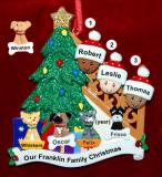 Our Xmas Tree Mixed Race BiRacial Christmas Ornament for Families of 3 with 4 Dogs, Cats, Pets Custom Add-ons Personalized FREE at PersonalizedOrnamentsMarket.com by Russell Rhodes