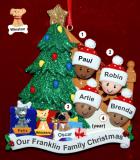 Our Xmas Tree Mixed Race BiRacial Christmas Ornament for Families of 4 with 3 Dogs, Cats, Pets Custom Add-ons Personalized FREE at PersonalizedOrnamentsMarket.com by Russell Rhodes