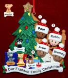 Our Xmas Tree Mixed Race BiRacial Christmas Ornament for Families of 4 with 4 Dogs, Cats, Pets Custom Add-ons Personalized FREE at PersonalizedOrnamentsMarket.com by Russell Rhodes