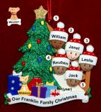 Our Xmas Tree Mixed Race BiRacial Christmas Ornament for Families of 5 with 1 Dog, Cat, Pets Custom Add-on Personalized FREE at PersonalizedOrnamentsMarket.com by Russell Rhodes