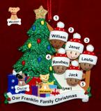 Our Xmas Tree Mixed Race BiRacial Christmas Ornament for Families of 5 with 2 Dogs, Cats, Pets Custom Add-ons Personalized FREE at PersonalizedOrnamentsMarket.com by Russell Rhodes