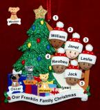 Our Xmas Tree Mixed Race BiRacial Christmas Ornament for Families of 5 with 3 Dogs, Cats, Pets Custom Add-ons Personalized FREE at PersonalizedOrnamentsMarket.com by Russell Rhodes