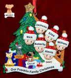 Our Xmas Tree Christmas Ornament for Families of 6 with 3 Dogs, Cats, Pets Custom Add-ons Personalized FREE at PersonalizedOrnamentsMarket.com by Russell Rhodes