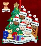 Our Xmas Tree Mixed Race BiRacial Christmas Ornament for Families of 6 with 1 Dog, Cat, Pets Custom Add-on Personalized FREE at PersonalizedOrnamentsMarket.com by Russell Rhodes