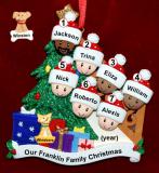 Our Xmas Tree Mixed Race BiRacial Christmas Ornament for Families of 7 with 1 Dog, Cat, Pets Custom Add-on Personalized FREE at PersonalizedOrnamentsMarket.com by Russell Rhodes