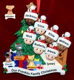 Our Xmas Tree Mixed Race BiRacial Christmas Ornament for Families of 9 with 3 Dogs, Cats, Pets Custom Add-ons Personalized FREE at PersonalizedOrnamentsMarket.com by Russell Rhodes