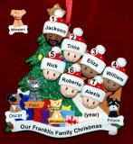 Our Xmas Tree Mixed Race BiRacial Christmas Ornament for Families of 10 with 4 Dogs, Cats, Pets Custom Add-ons Personalized FREE at PersonalizedOrnamentsMarket.com by Russell Rhodes