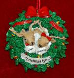 Couples Christmas Ornament Reindeer Wreath Personalized FREE at PersonalizedOrnamentsMarket.com by Russell Rhodes