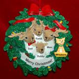 Family Christmas Ornament Reindeer Wreath for 4 with Dog, Cat, or Other Pet Custom Add-on Personalized FREE at PersonalizedOrnamentsMarket.com by Russell Rhodes