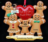 Family Christmas Ornament for 5 Gingerbread Fun with Dog, Cat, or Other Family Pet Personalized FREE at PersonalizedOrnamentsMarket.com by Russell Rhodes