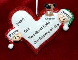 Family Christmas Ornament Loving Heart Our 2 Kids with Family Dogs, Cats, Pets Custom Add-ons Personalized FREE at PersonalizedOrnamentsMarket.com by Russell Rhodes