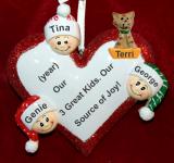 Family Christmas Ornament Loving Heart Our 3 Kids with Family Dogs, Cats, Pets Custom Add-ons Personalized FREE at PersonalizedOrnamentsMarket.com by Russell Rhodes