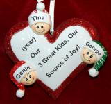 Family Christmas Ornament Loving Heart Our 3 Kids Personalized FREE at PersonalizedOrnamentsMarket.com by Russell Rhodes