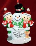 Kids Christmas Ornament Happy Snowman Our 2 Kids with 1 Dog, Cat, Pets Custom Add-on Personalized FREE at PersonalizedOrnamentsMarket.com by Russell Rhodes