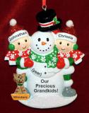 Grandparents Christmas Ornament Happy Snowman 2 Grandkids with 1 Dog, Cat, Pets Custom Add-on Personalized FREE at PersonalizedOrnamentsMarket.com by Russell Rhodes