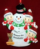 Family Christmas Ornament Happy Snowman Our 3 Kids with 1 Dog, Cat, Pets Custom Add-on Personalized FREE at PersonalizedOrnamentsMarket.com by Russell Rhodes