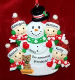 Grandparents Christmas Ornament Happy Snowman 4 Grandkids with 1 Dog, Cat, Pets Custom Add-on Personalized FREE at PersonalizedOrnamentsMarket.com by Russell Rhodes