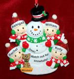 Family Christmas Ornament Happy Snowman Our 4 Kids with 1 Dog, Cat, Pets Custom Add-on Personalized FREE at PersonalizedOrnamentsMarket.com by Russell Rhodes