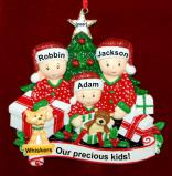 Family Christmas Ornament Gifts Under the Tree our 3 Kids with 1 Dog, Cat, Pets Custom Add-ons Personalized FREE at PersonalizedOrnamentsMarket.com by Russell Rhodes