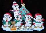 Family Christmas Ornament Winter Penguins for 5 with 1 Dog, Cat, Pets Custom Add-ons Personalized FREE at PersonalizedOrnamentsMarket.com by Russell Rhodes