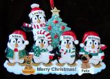 Family Christmas Ornament Winter Penguins for 5 with 2 Dogs, Cats, Pets Custom Add-ons Personalized FREE at PersonalizedOrnamentsMarket.com by Russell Rhodes