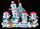 Family Christmas Ornament Winter Penguins for 5 with 3 Dogs, Cats, Pets Custom Add-ons Personalized FREE at PersonalizedOrnamentsMarket.com by Russell Rhodes