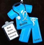 Medical Scrubs Christmas Ornament Blue Personalized FREE at PersonalizedOrnamentsMarket.com by Russell Rhodes