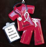 Medical Scrubs Christmas Ornament Maroon Personalized FREE at PersonalizedOrnamentsMarket.com by Russell Rhodes