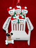 Family Christmas Ornament for 5 Relaxing in the Vacation Sun with 1 Dog, Cat, Pets Custom Add-on Personalized FREE at PersonalizedOrnamentsMarket.com by Russell Rhodes