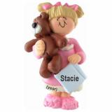 Child Christmas Ornament Blond Female Toddler with Teddy Personalized FREE at PersonalizedOrnamentsMarket.com by Russell Rhodes