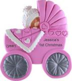 Baby Girl Christmas Ornament Blue Buggy Personalized FREE at PersonalizedOrnamentsMarket.com by Russell Rhodes