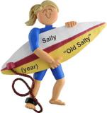 Surfing Christmas Ornament Blond Female Personalized FREE at PersonalizedOrnamentsMarket.com by Russell Rhodes