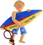 Surfing Christmas Ornament Blond Male Personalized FREE at PersonalizedOrnamentsMarket.com by Russell Rhodes