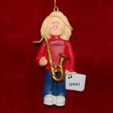 Saxophone Christmas Ornament Virtuoso Blond Female Personalized FREE at PersonalizedOrnamentsMarket.com by Russell Rhodes