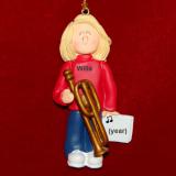 Trombone Christmas Ornament Virtuoso Blond Female Personalized FREE at PersonalizedOrnamentsMarket.com by Russell Rhodes