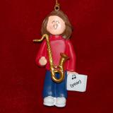 Saxophone Christmas Ornament Virtuoso Brunette Female Personalized FREE at PersonalizedOrnamentsMarket.com by Russell Rhodes