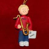 Saxophone Christmas Ornament Virtuoso Blond Male Personalized FREE at PersonalizedOrnamentsMarket.com by Russell Rhodes