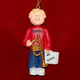 Trumpet Christmas Ornament Virtuoso Blond Male Personalized FREE at PersonalizedOrnamentsMarket.com by Russell Rhodes