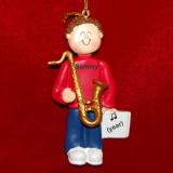 Saxophone Christmas Ornament Virtuoso Brunette Male Personalized FREE at PersonalizedOrnamentsMarket.com by Russell Rhodes