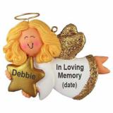 Memorial Christmas Ornament Blond Female Angel Personalized FREE at PersonalizedOrnamentsMarket.com by Russell Rhodes